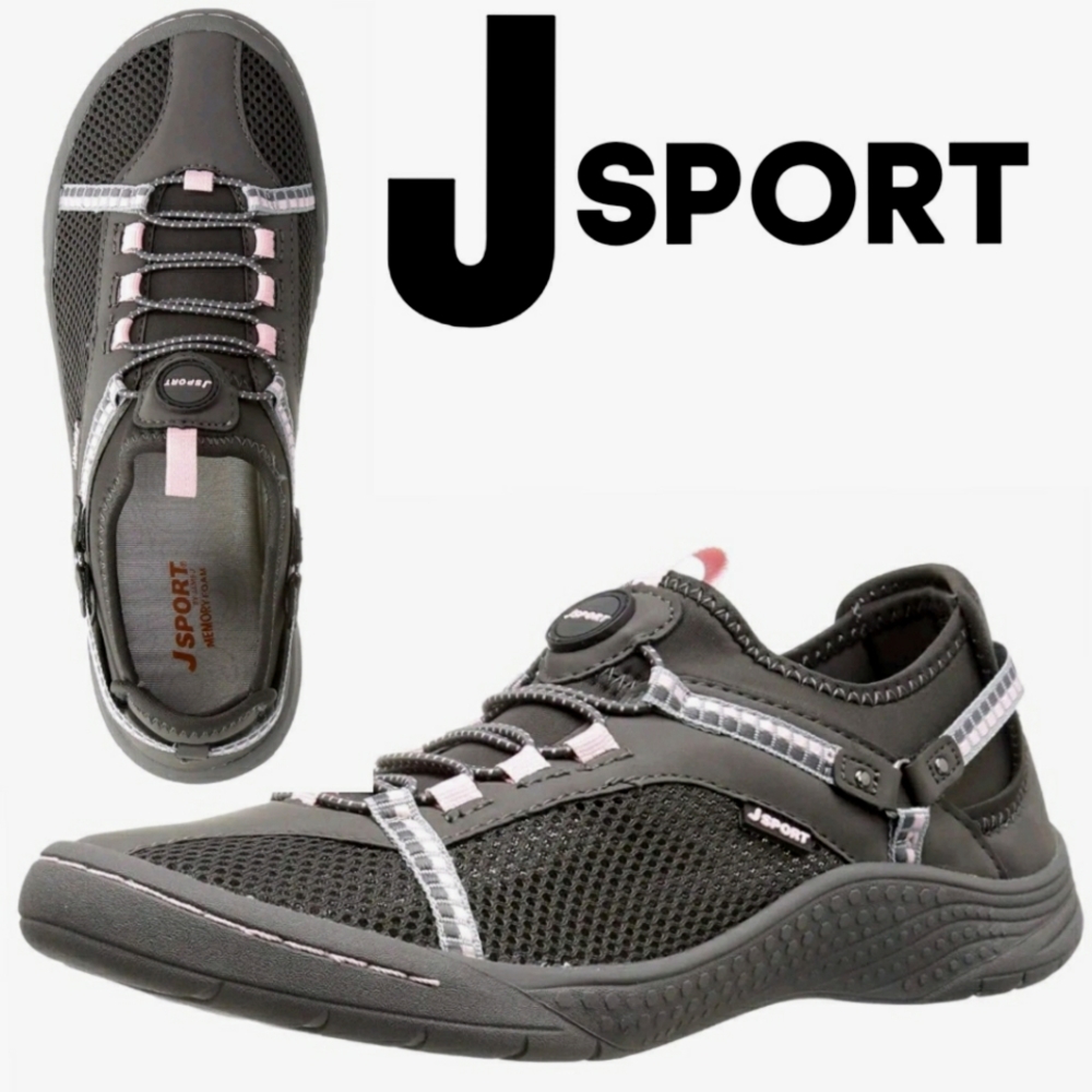 J Sport by Jambu Tahoe Slip-On Mesh Walking Sneakers in Charcoal Grey & Pink 7.5